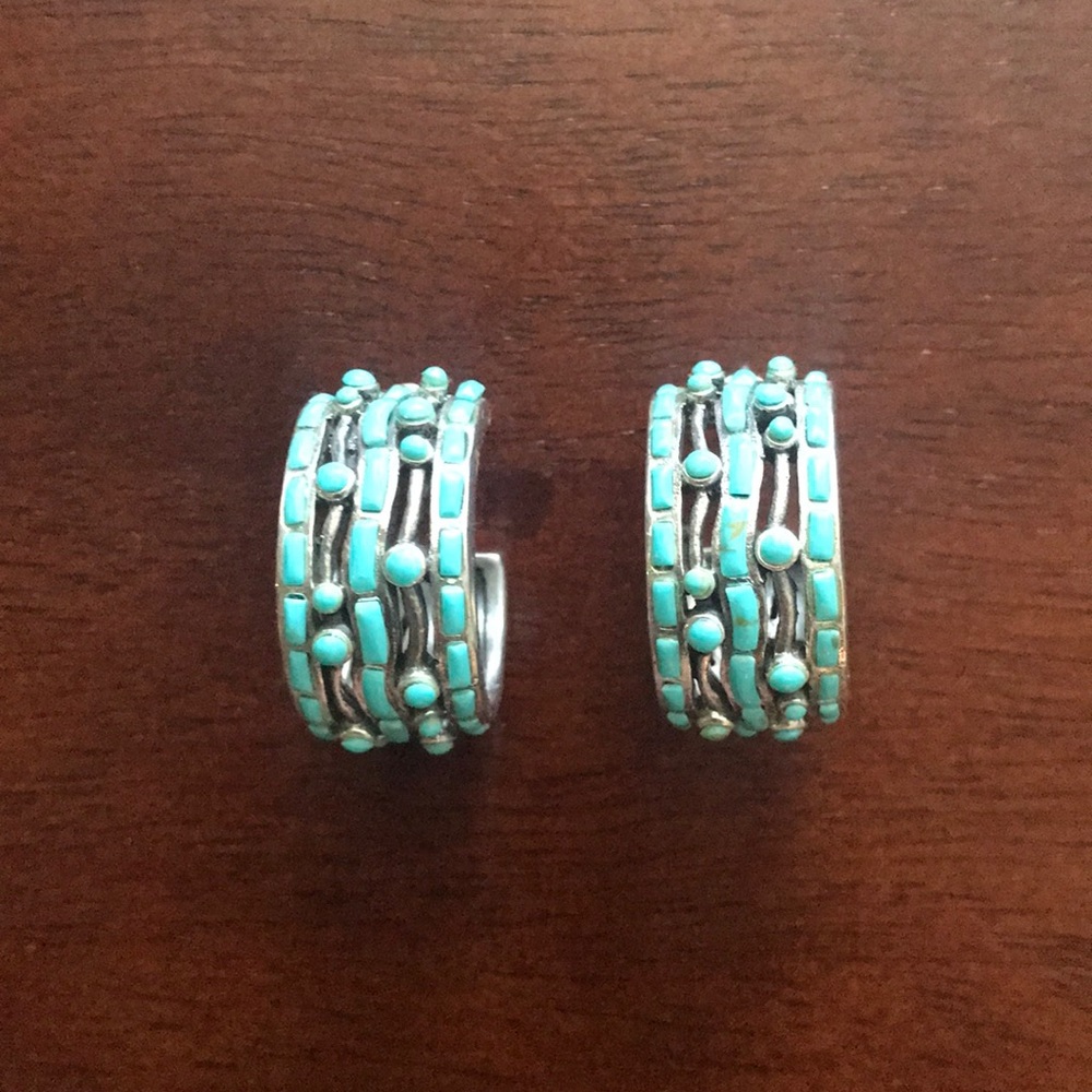 Solid sterling silver hoops inlaid with turquoise